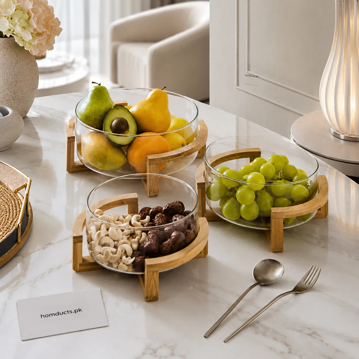Premium Glass Fruit Bowl with Wooden Stand