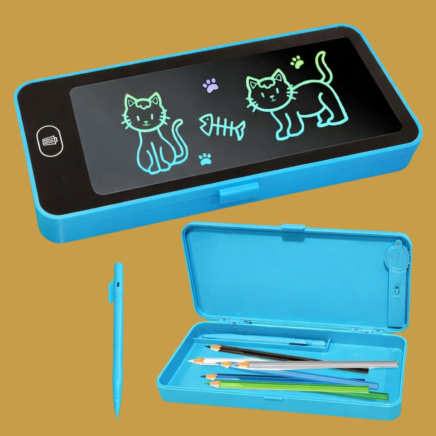 Pencil Box with LCD Writing Tablet | Kids Stationery Box with Writing Pad & Stylus | Random Color