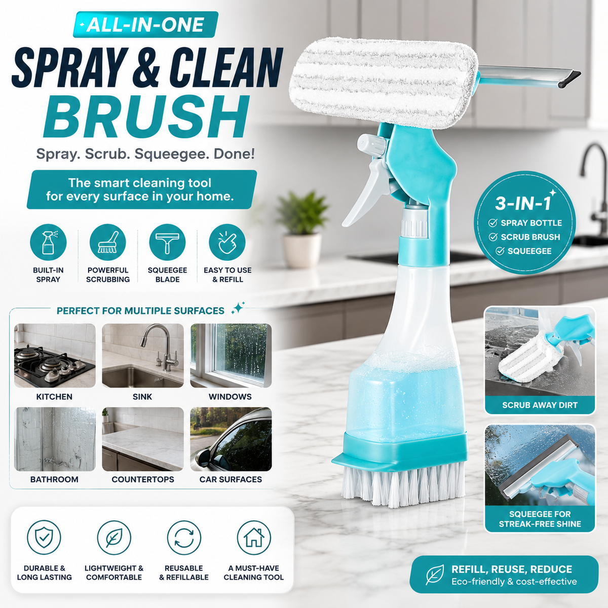 4 In 1 Double Sided Window Cleaning Squeegee With Spray Bottle