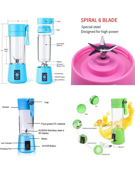 Portable Rechargeable Juice Blender – 380ml (6-Blade USB Blender)